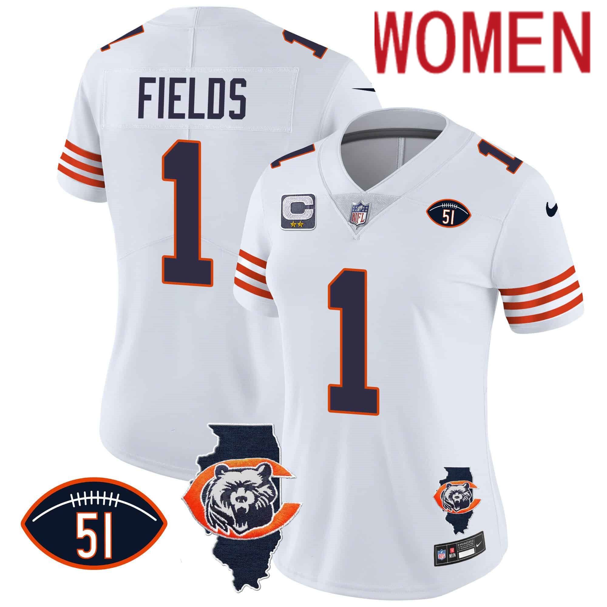 Women Chicago Bears #1 Fields White 2024 Nike Throwback Illinois Patch Vapor NFL Jersey